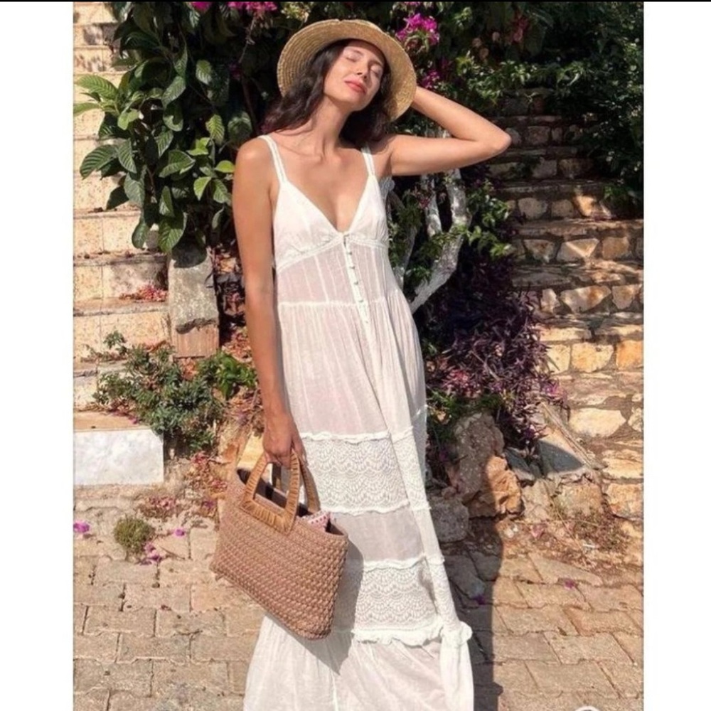 FREE PEOPLE INTIMATELY WHITE LACE BOHO DRESS BUTTON FRONT SIZE L WEDDING